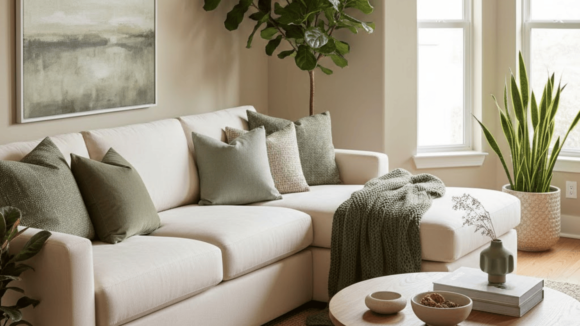 warm living room with muted green accents