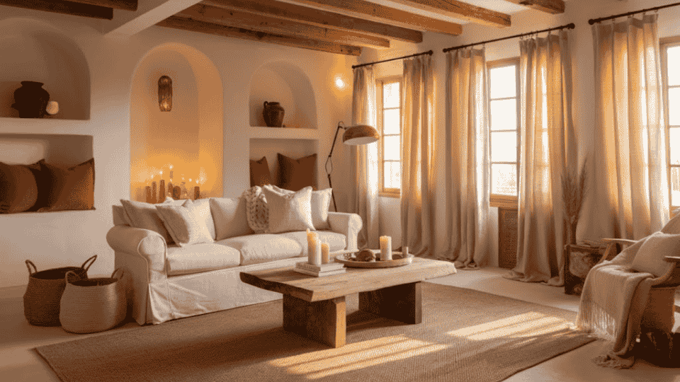 warm neutral living room with white slipcovered sofa, arched alcoves, linen curtains, and natural decor for cozy aesthetic