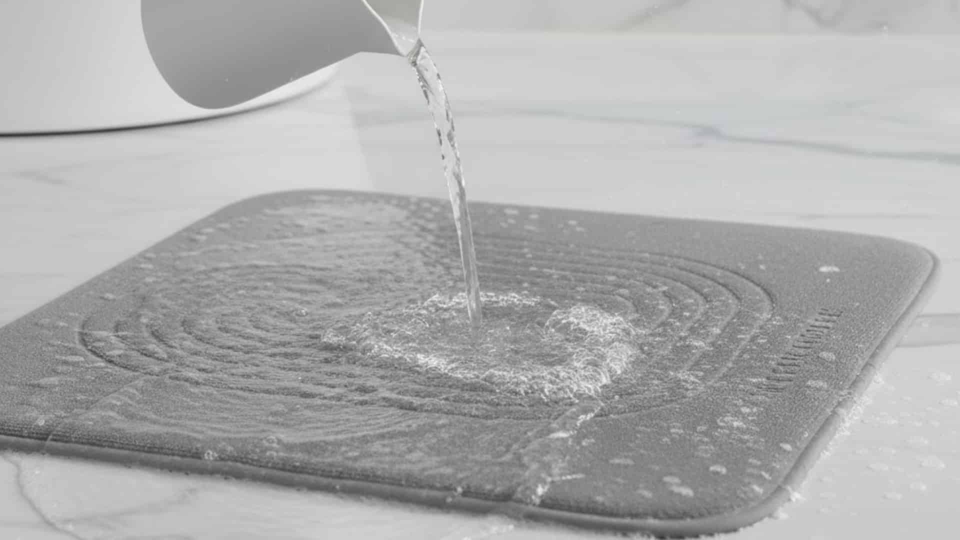 water being poured from a white pitcher onto a gray stone bath mat on a white marble floor.
