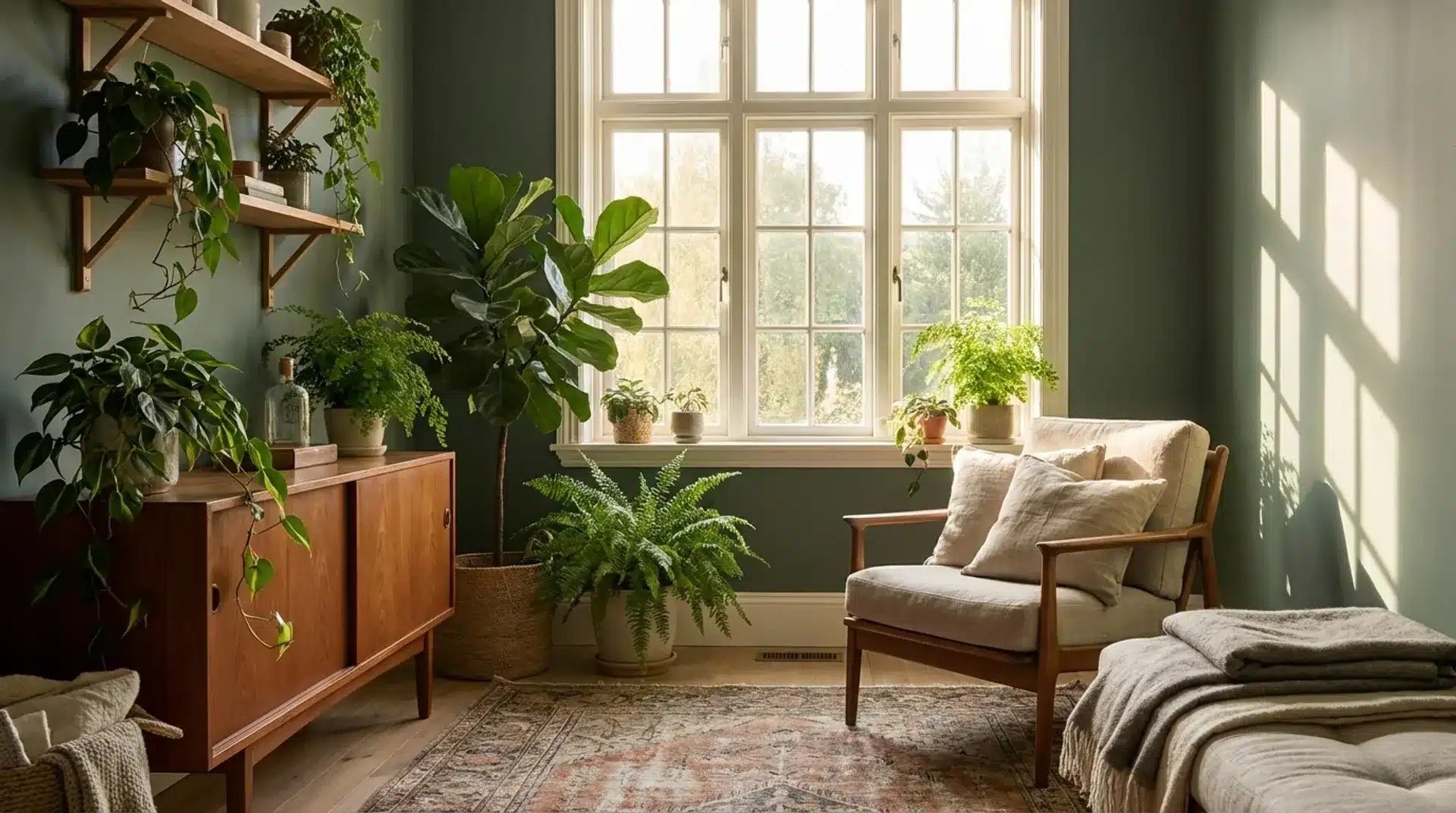 A cozy room with plants, wooden furniture, a soft armchair, and sunlight streaming through large windows, casting shadows.