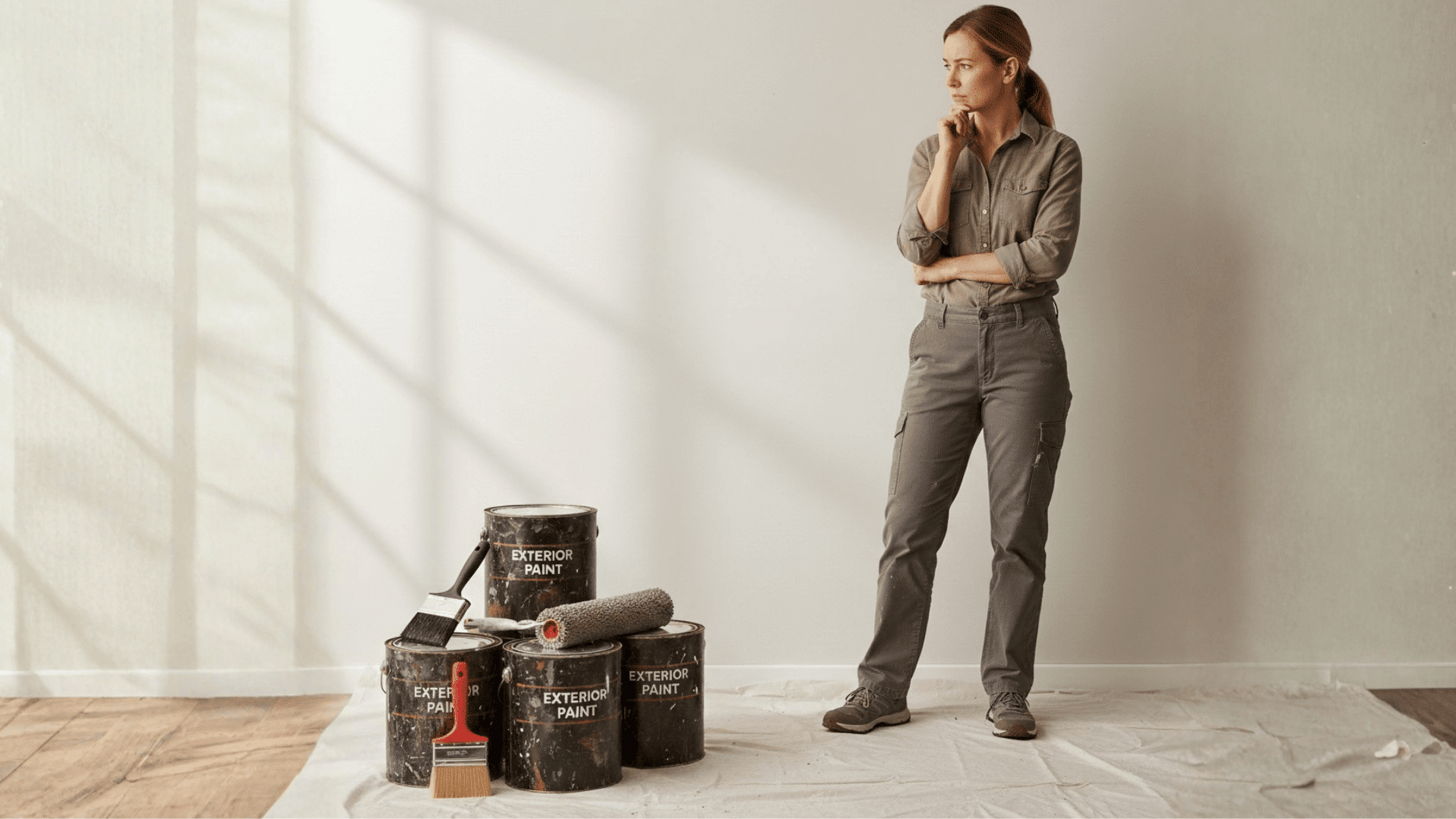 A person stands thoughtfully next to exterior paint cans and a chart comparing interior vs. exterior paint for indoor use
