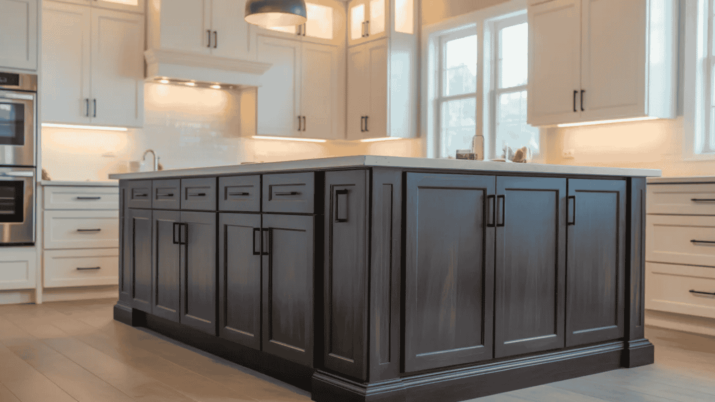 A spacious kitchen with white upper cabinets, a large dark wood island, and a modern light fixture overhead