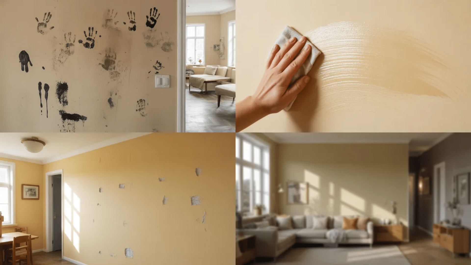 Collage of flat paint problems- dirty handprints on wall, wiping marks, chipped spots, and a dull living room wall.