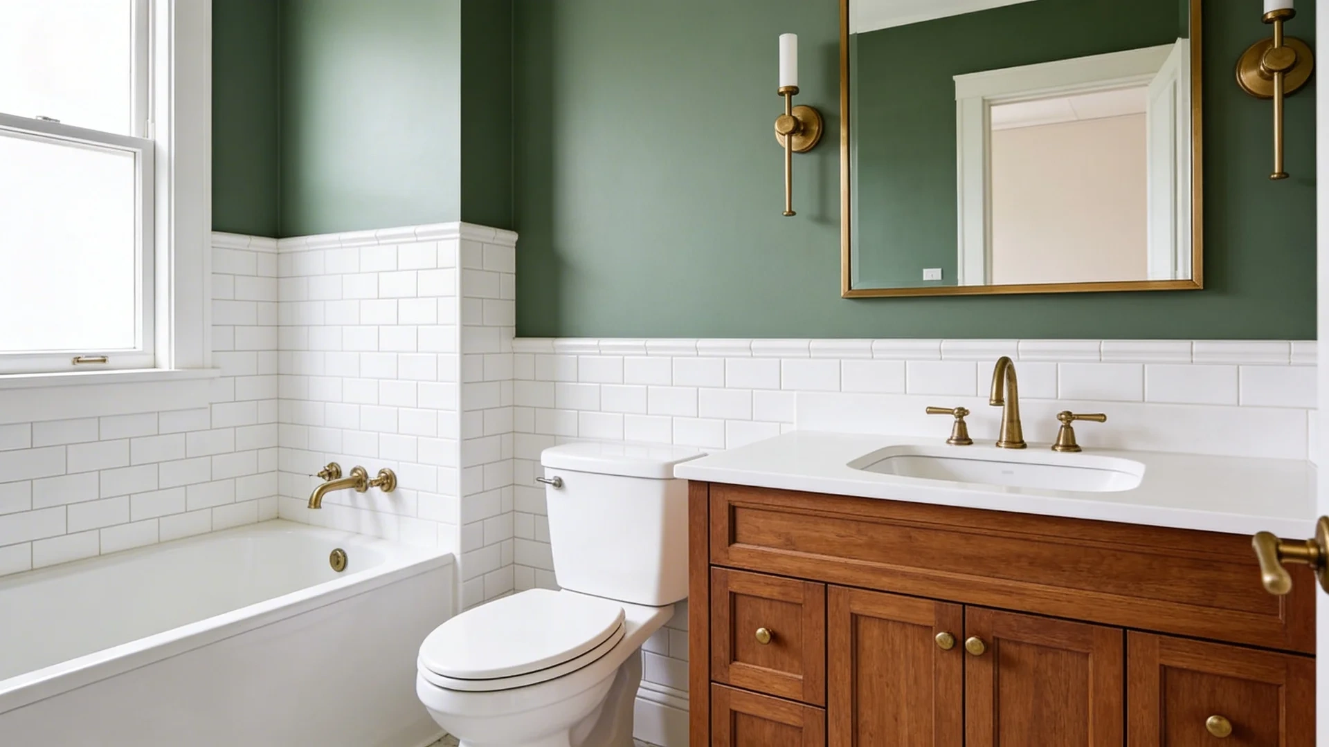 a bathroom with green walls, white subway tiles, a wooden vanity, gold fixtures, a bathtub, and a mirror with a frame