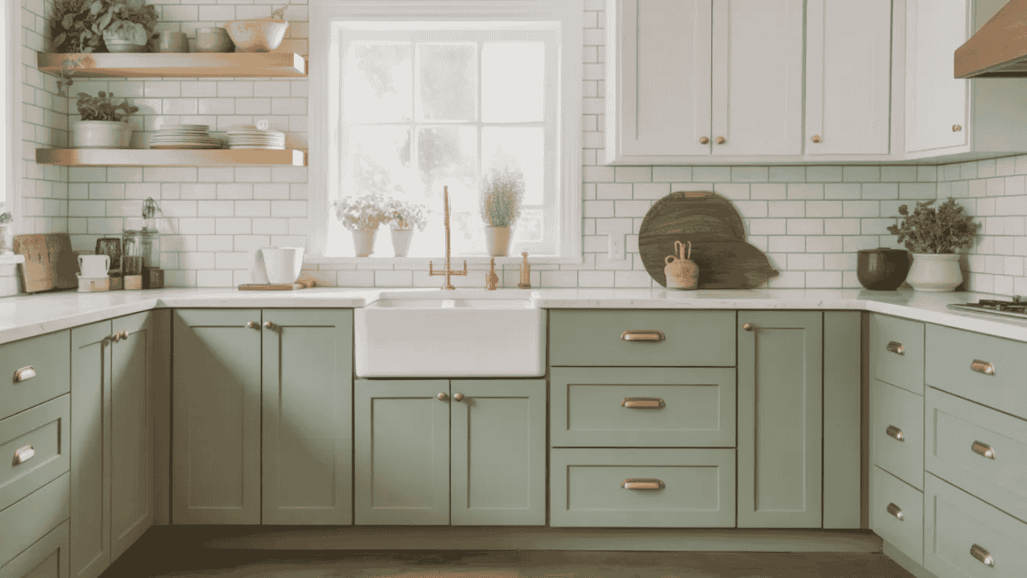 a bright kitchen with sage green lower cabinets, white upper cabinets, a farmhouse sink, and gold hardware