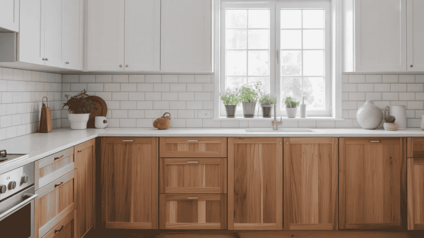 a bright, modern kitchen with light wood lower cabinets, white upper cabinets, subway tile, and plants on the windowsill