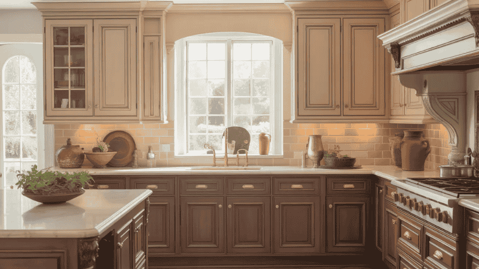 a classic kitchen with dark wood lower cabinets, cream upper cabinets, a tiled backsplash, and a window over the sink