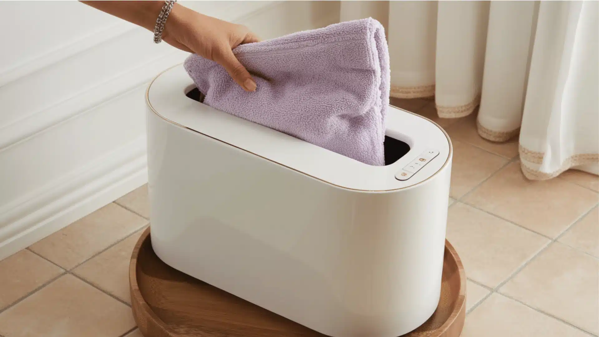 a close-up photograph of a white Zadro brand electric towel warmer device on a beige tile floor