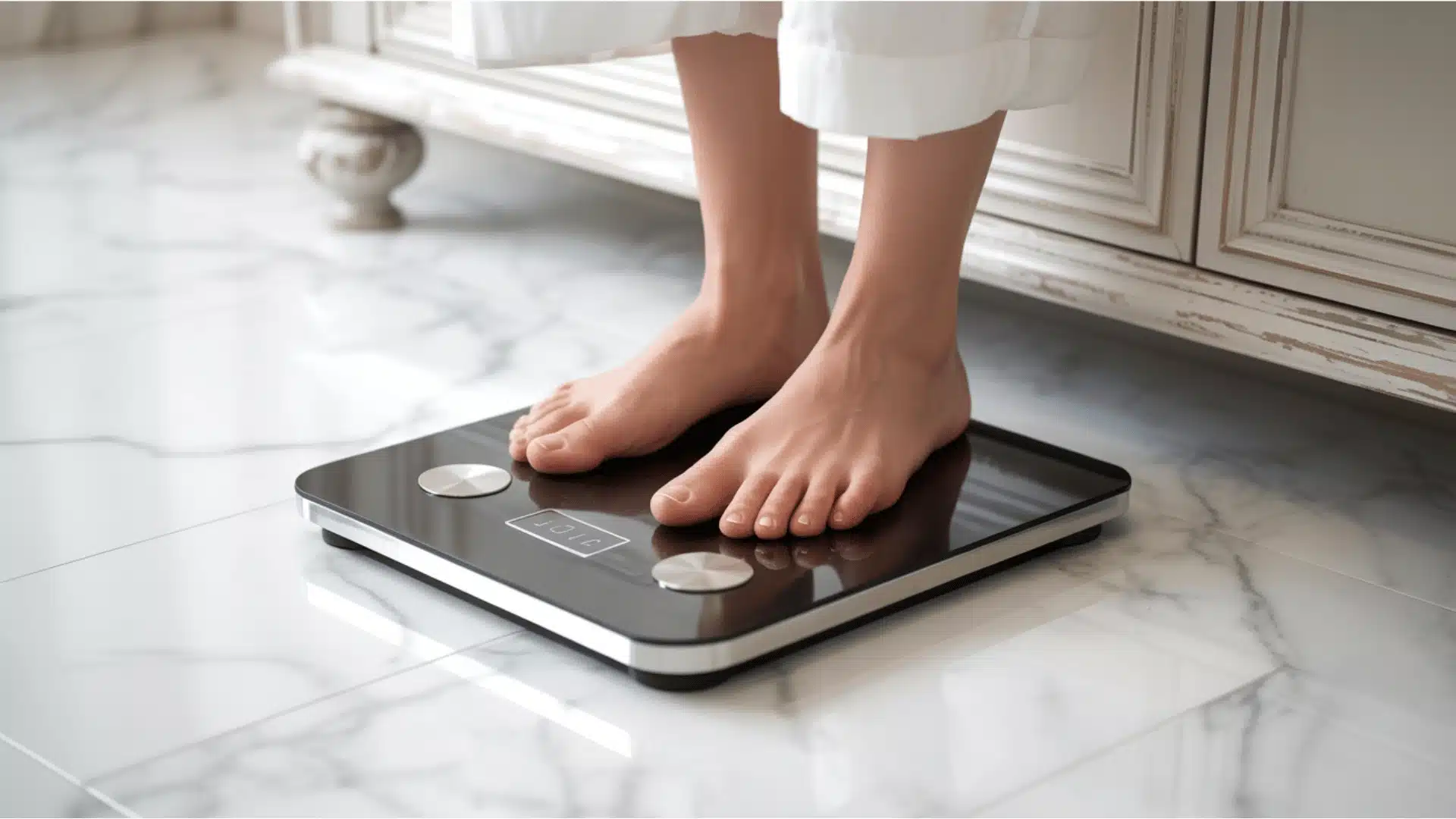 a close-up photograph of bare feet standing on a black digital scale placed on a white marble floor.