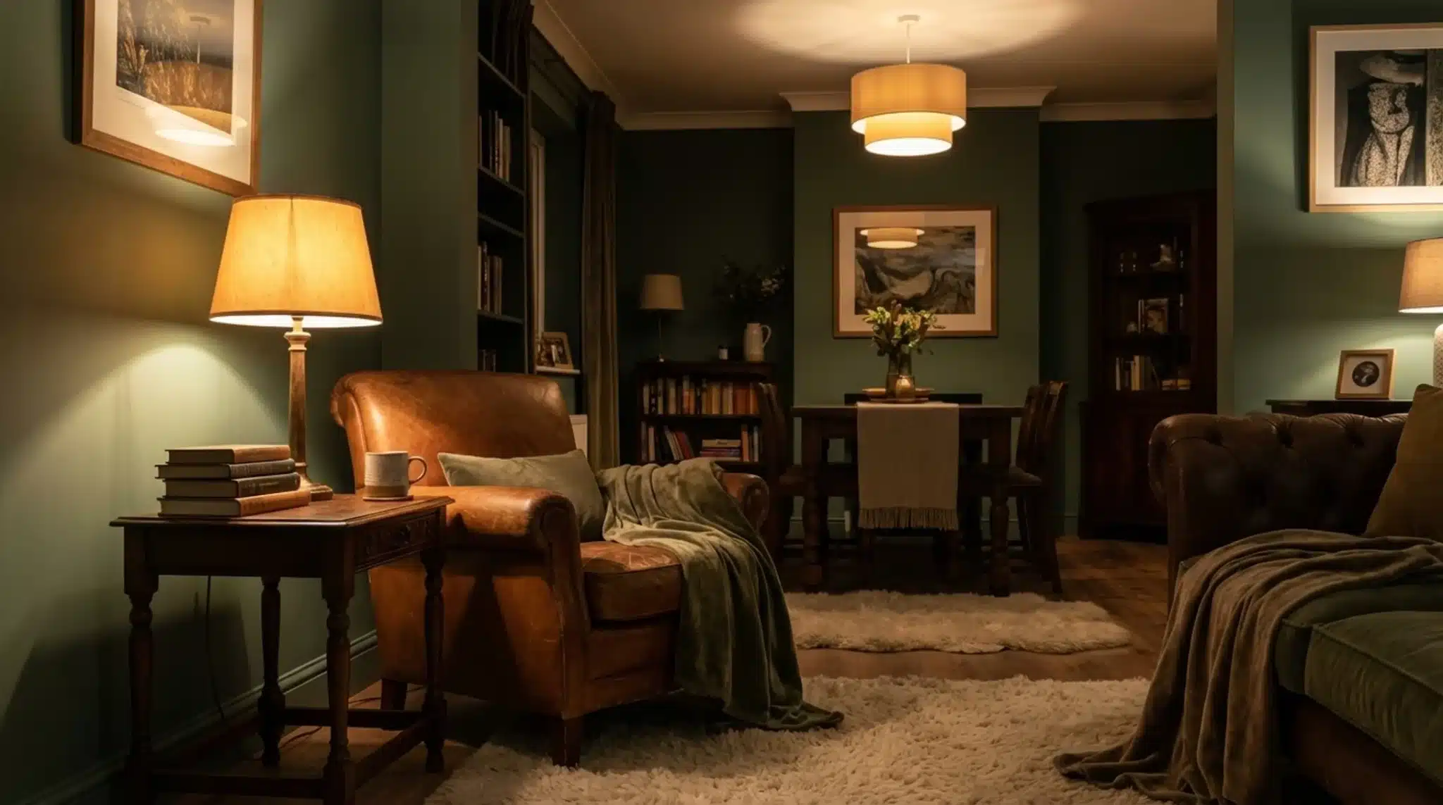 a cozy living room with green walls, a leather chair, bookshelves, and soft lighting creating a warm atmosphere