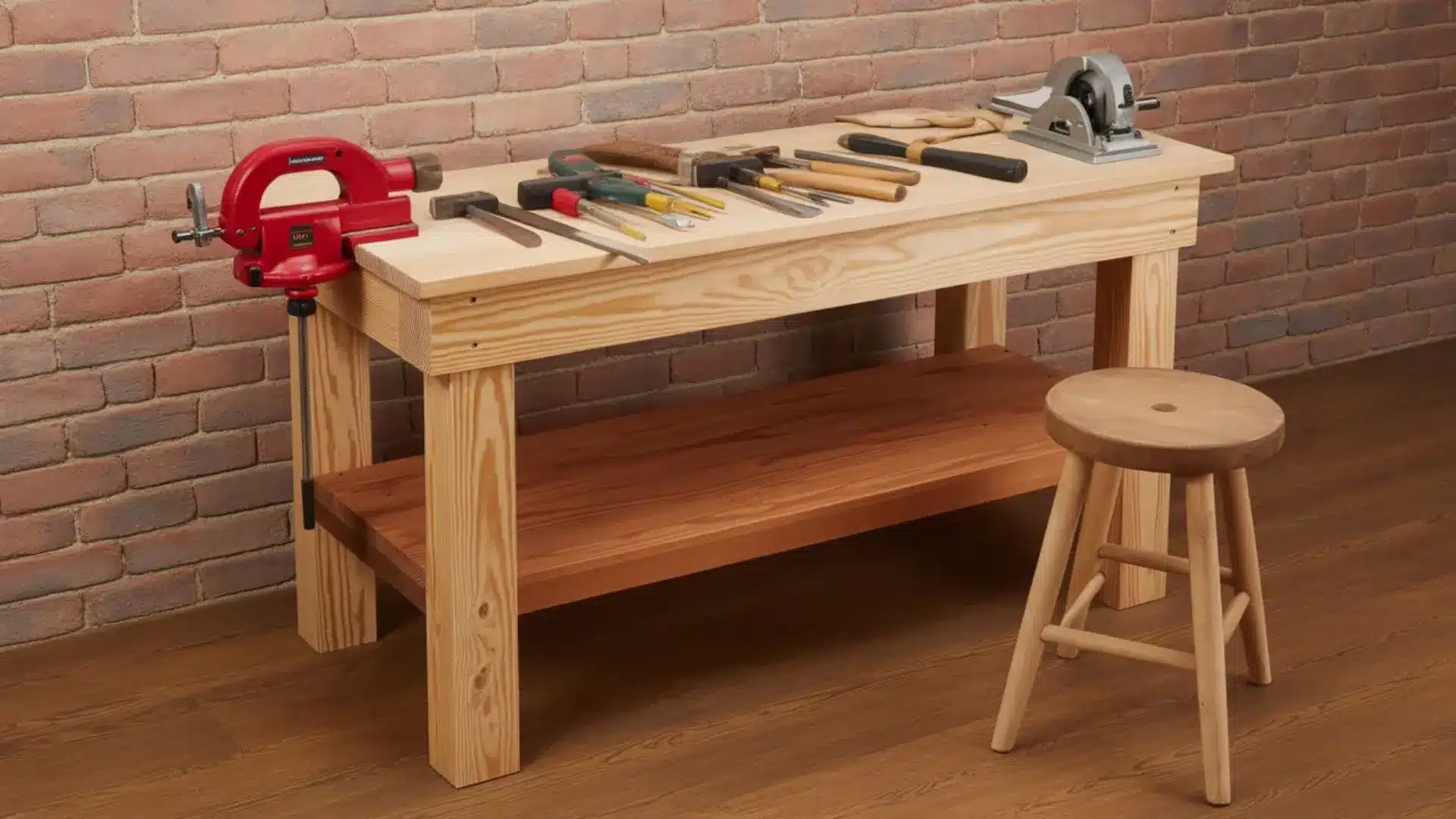 a diy light wood workbench with a red vice and tools stands against a brick wall next to a wooden stool