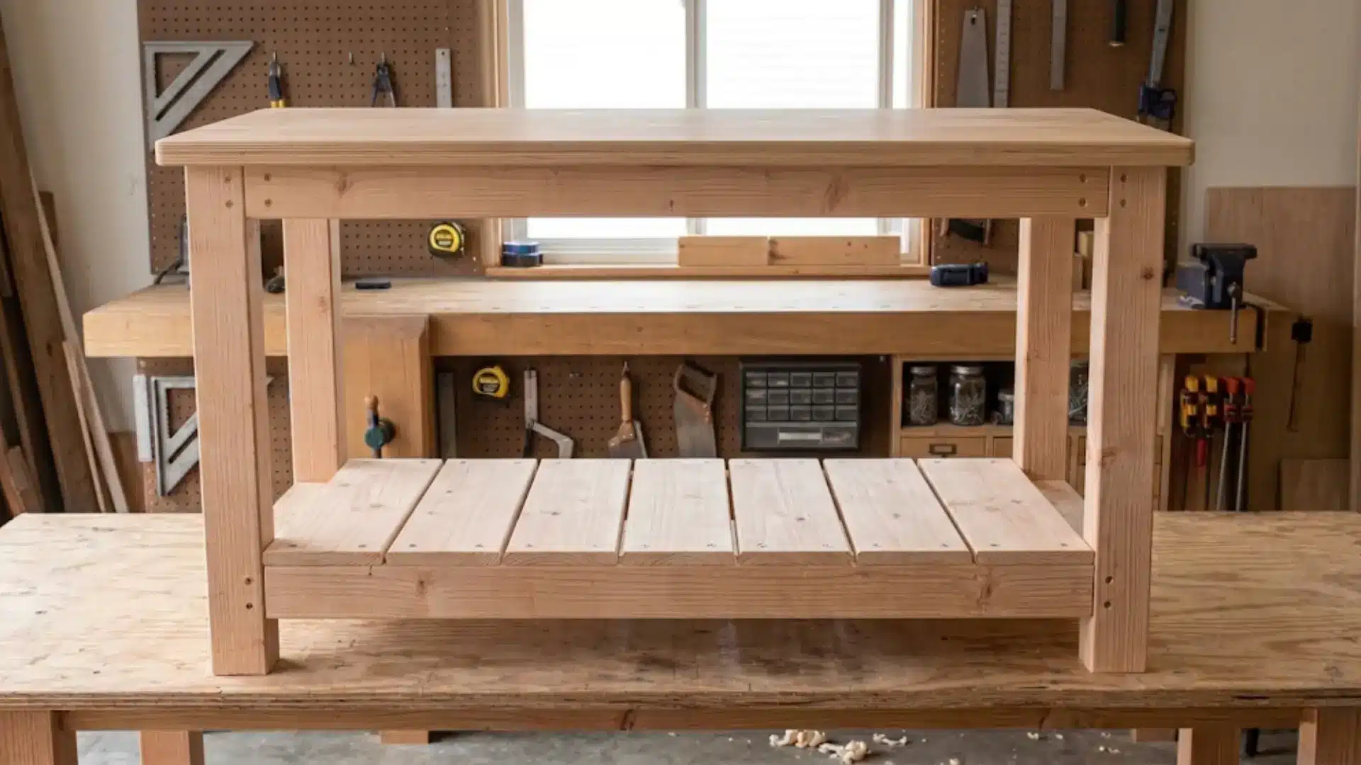 a flat light wood panel is secured to the top of the frame as you attach the tabletop to finish the handmade workbench
