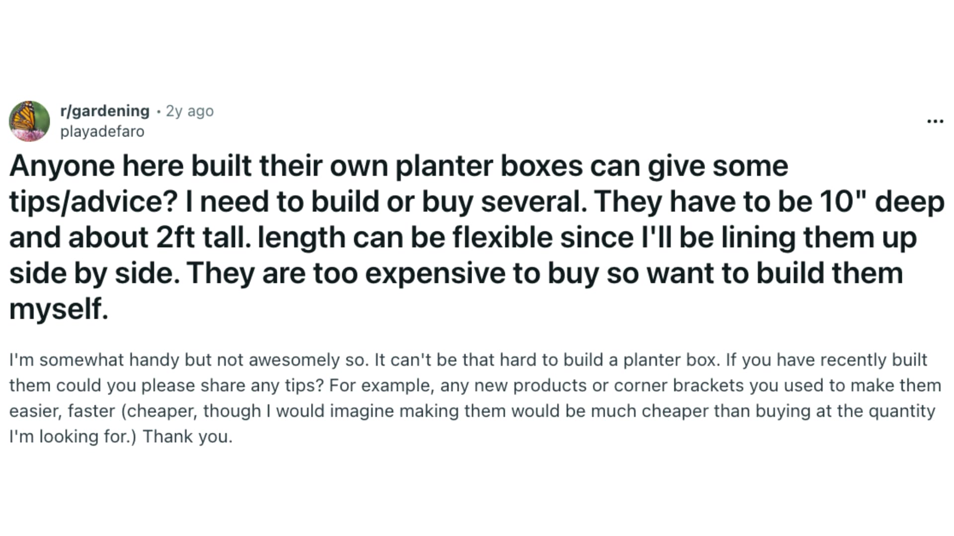 a gardening forum asking for DIY advice on building affordable 10-inch deep planter boxes