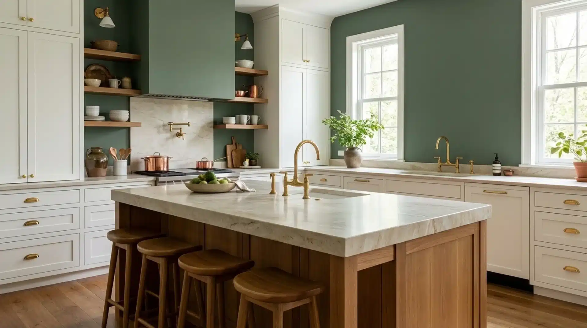 a kitchen with a green wall, white cabinetry, a marble countertop, a gold faucet, wooden shelves, and modern bar stools