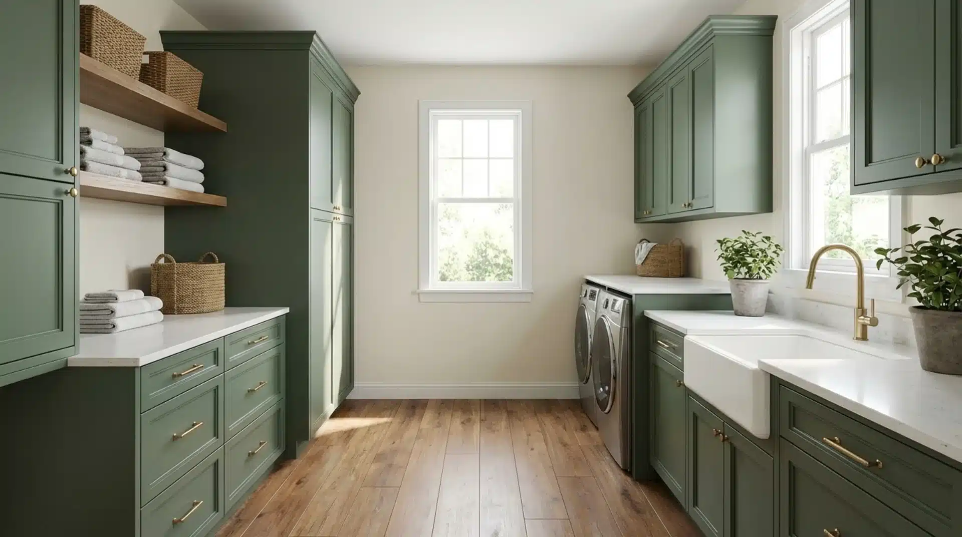 a laundry room with green cabinets, shelves with folded towels, a farmhouse sink, and a window with natural light