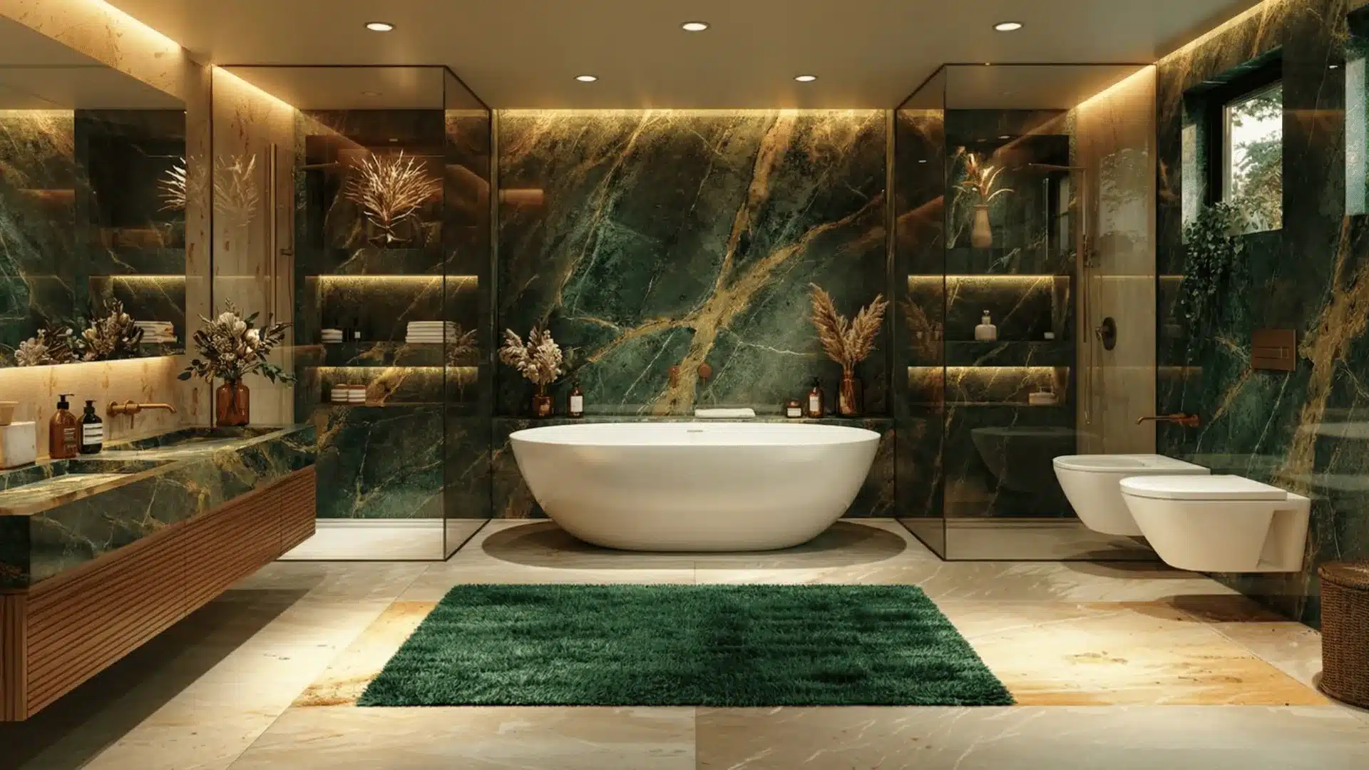 a luxurious modern bathroom interior with a freestanding white oval bathtub centered in the space