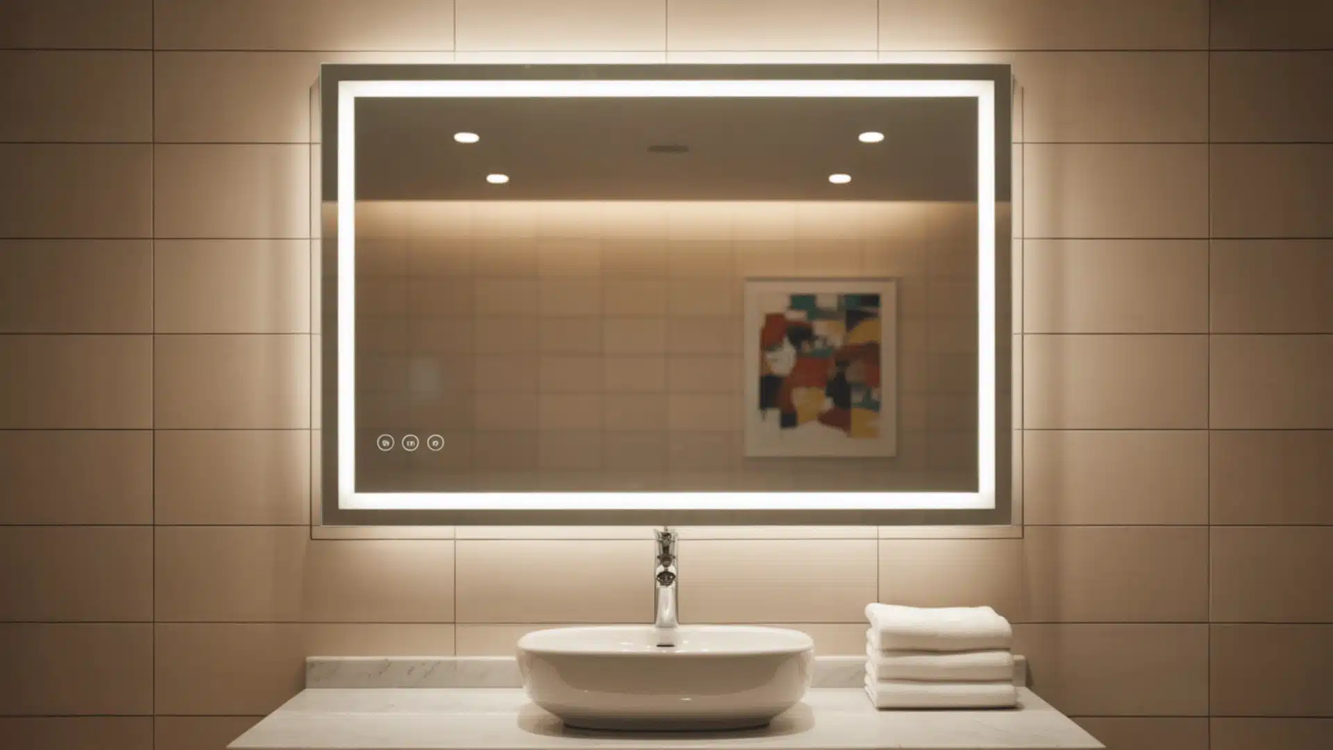 a modern bathroom interior with a large rectangular LED-lit mirror mounted on a beige tiled wall