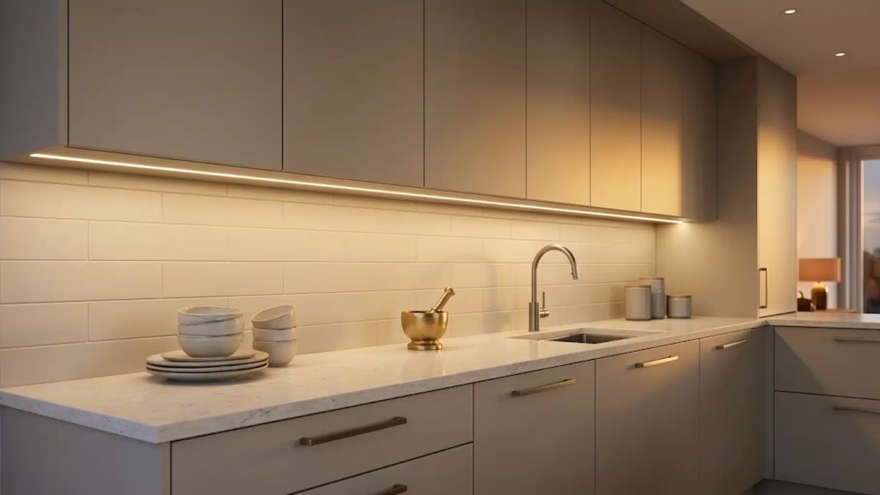 a modern kitchen with beige cabinets, marble countertops, a sleek sink, bowls stacked on the counter, and warm lighting