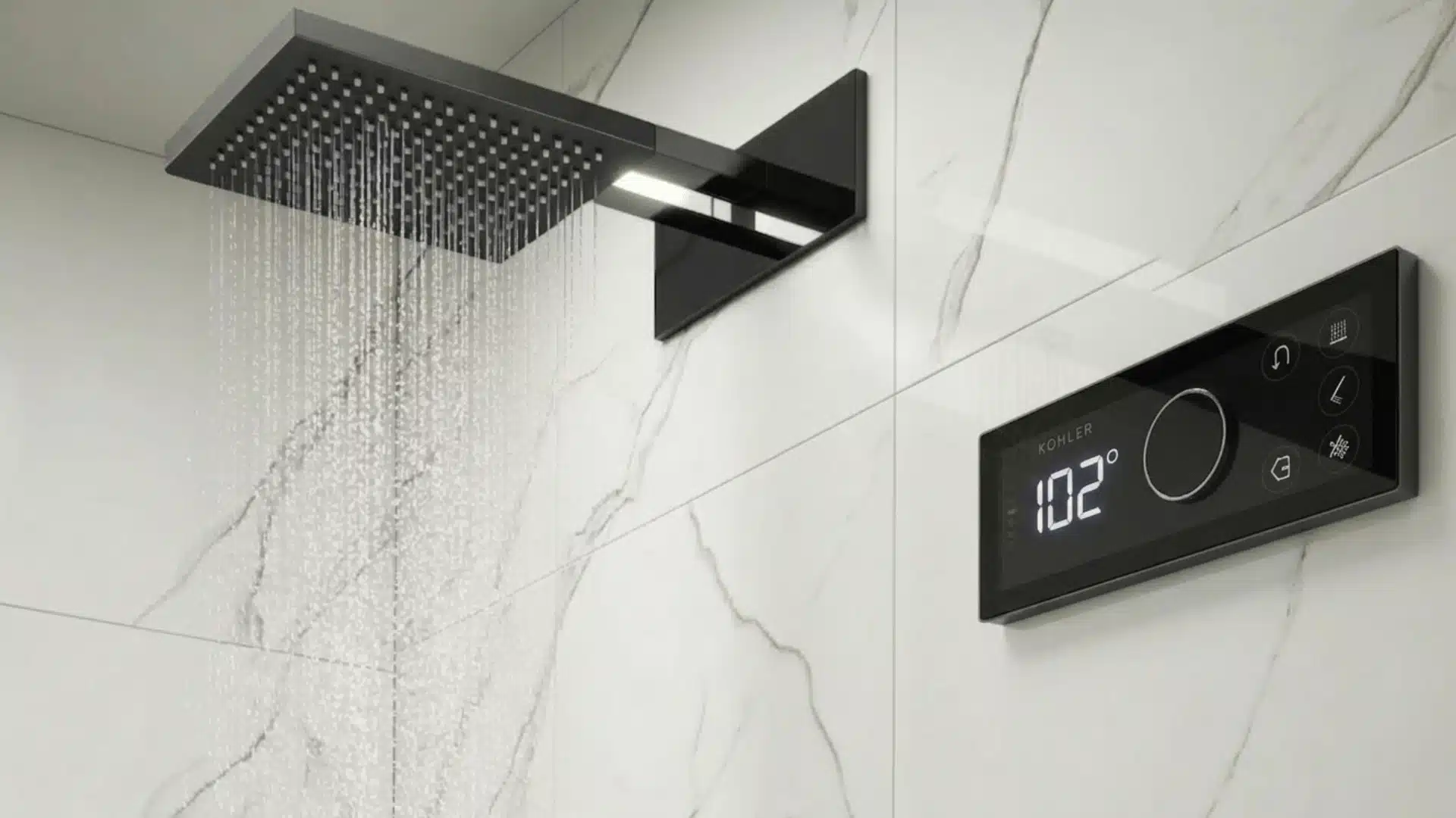 a modern luxury shower setup with a black rectangular rainfall showerhead mounted on a white marble tiled wall