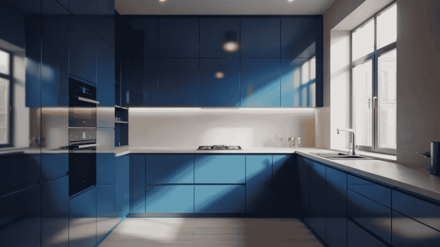 a sleek, minimalist kitchen featuring high-gloss blue cabinets, a white countertop, and natural light from a window