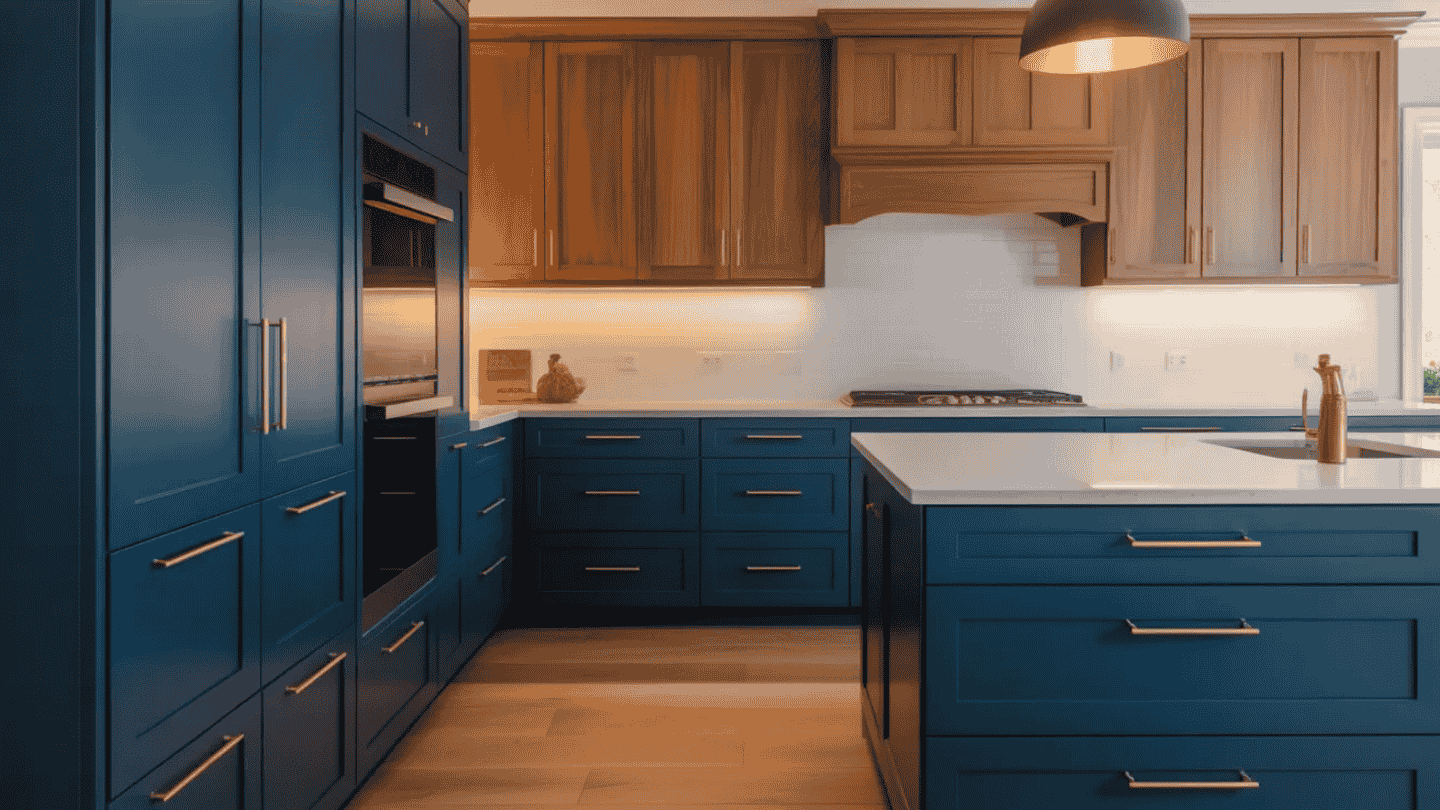 a spacious kitchen with dark blue lower cabinets, oak upper cabinets, a white island, and gold hardware