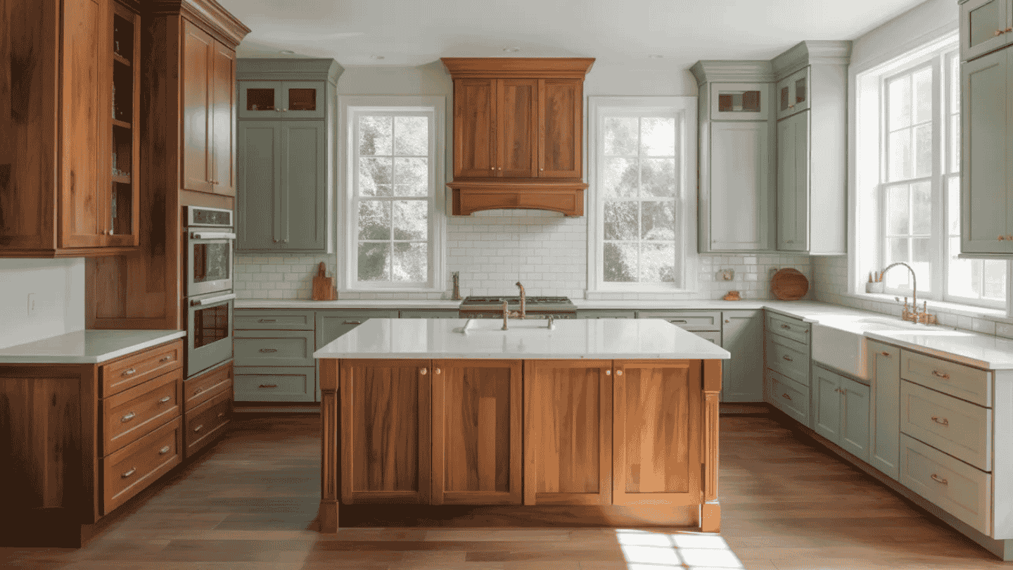 a spacious kitchen with sage green cabinets, wood accents, white countertops, a central island, and gold hardware