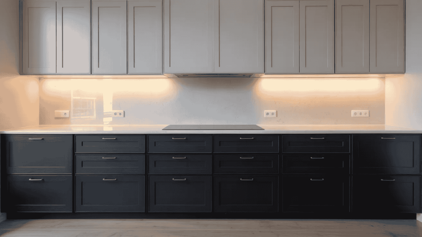 a spacious, modern kitchen featuring black cabinets, light grey upper cabinets, and a white marble backsplash