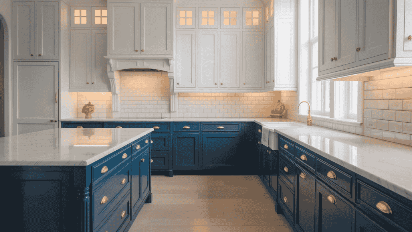 a spacious, modern kitchen featuring dark blue lower cabinets, white upper cabinets, and marble countertops