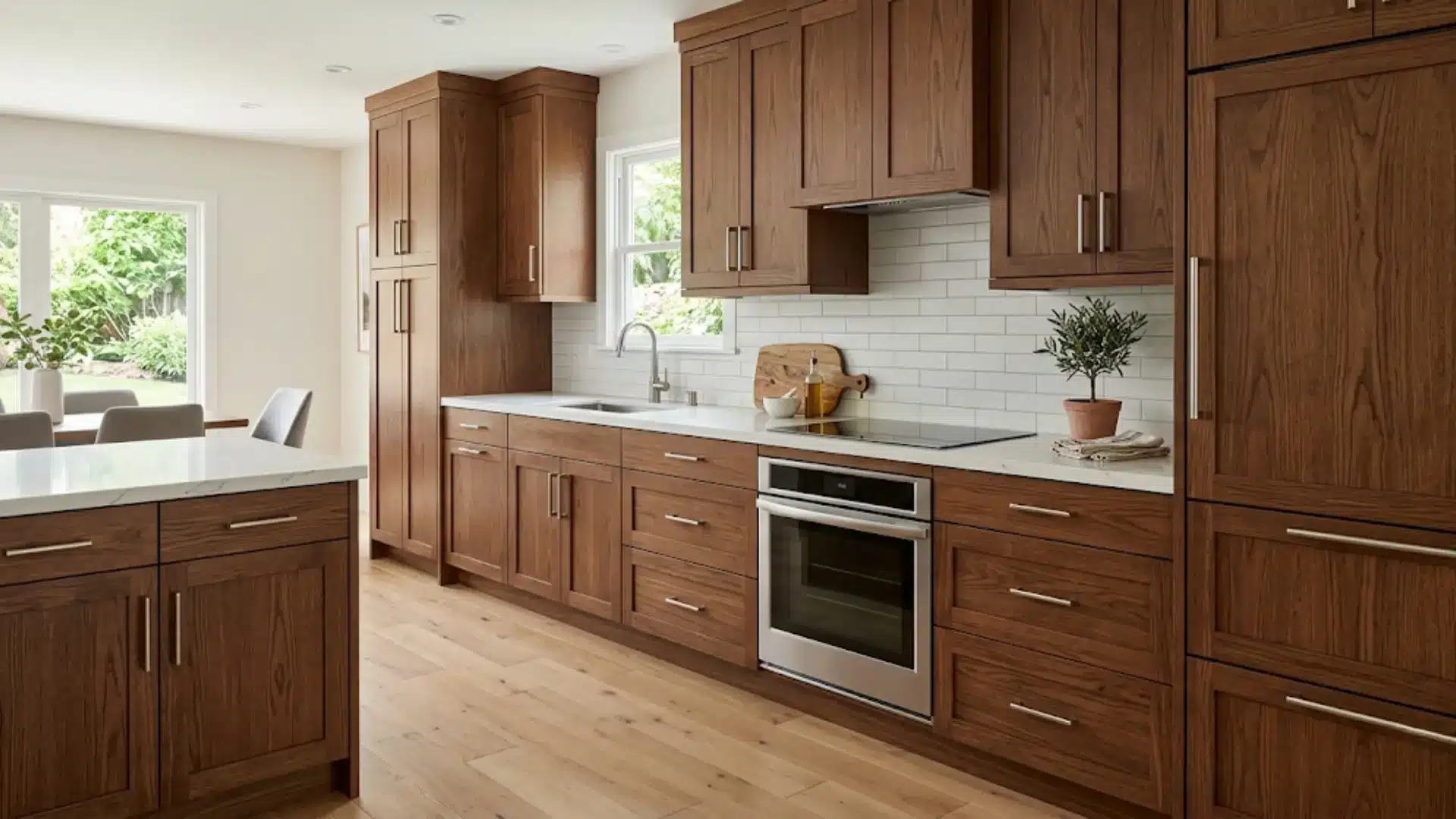 a wide shot of high quality oak kitchen cabinets that you could restain instead of painting for a natural wood look