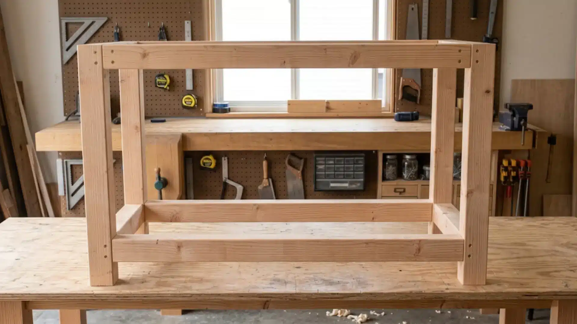 a wooden rectangular skeleton sits on a workbench as you connect the frames to complete a diy furniture base structure