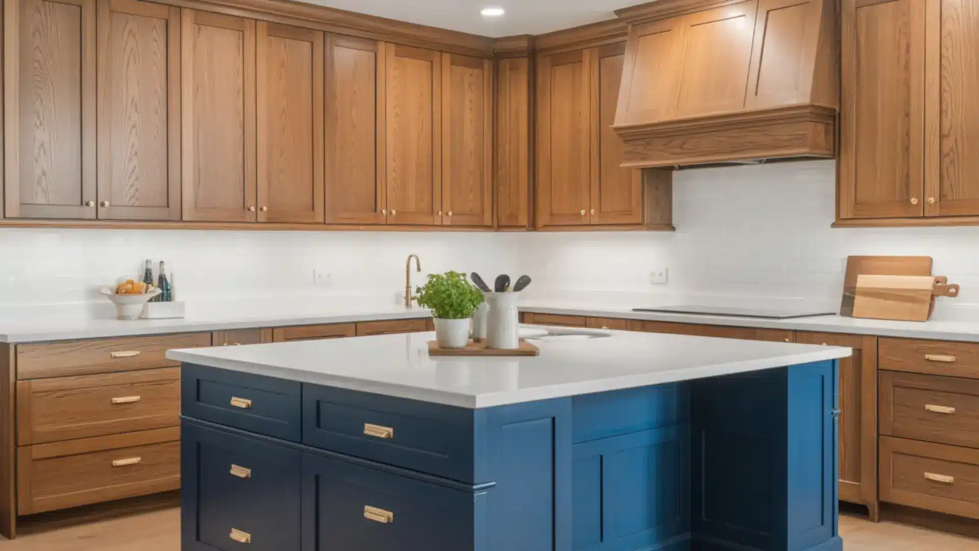 add a kitchen island or peninsula in navy blue to contrast with your warm oak kitchen cabinets for a modern update
