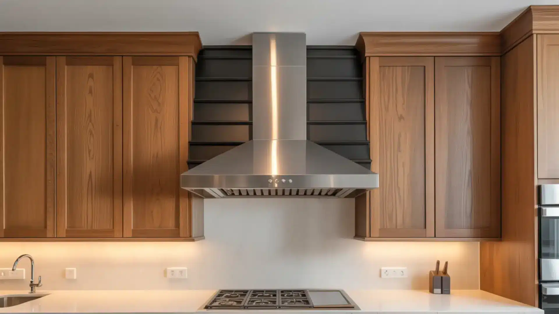 add a statement range hood over the stove to complement your oak kitchen cabinets and create a focal point