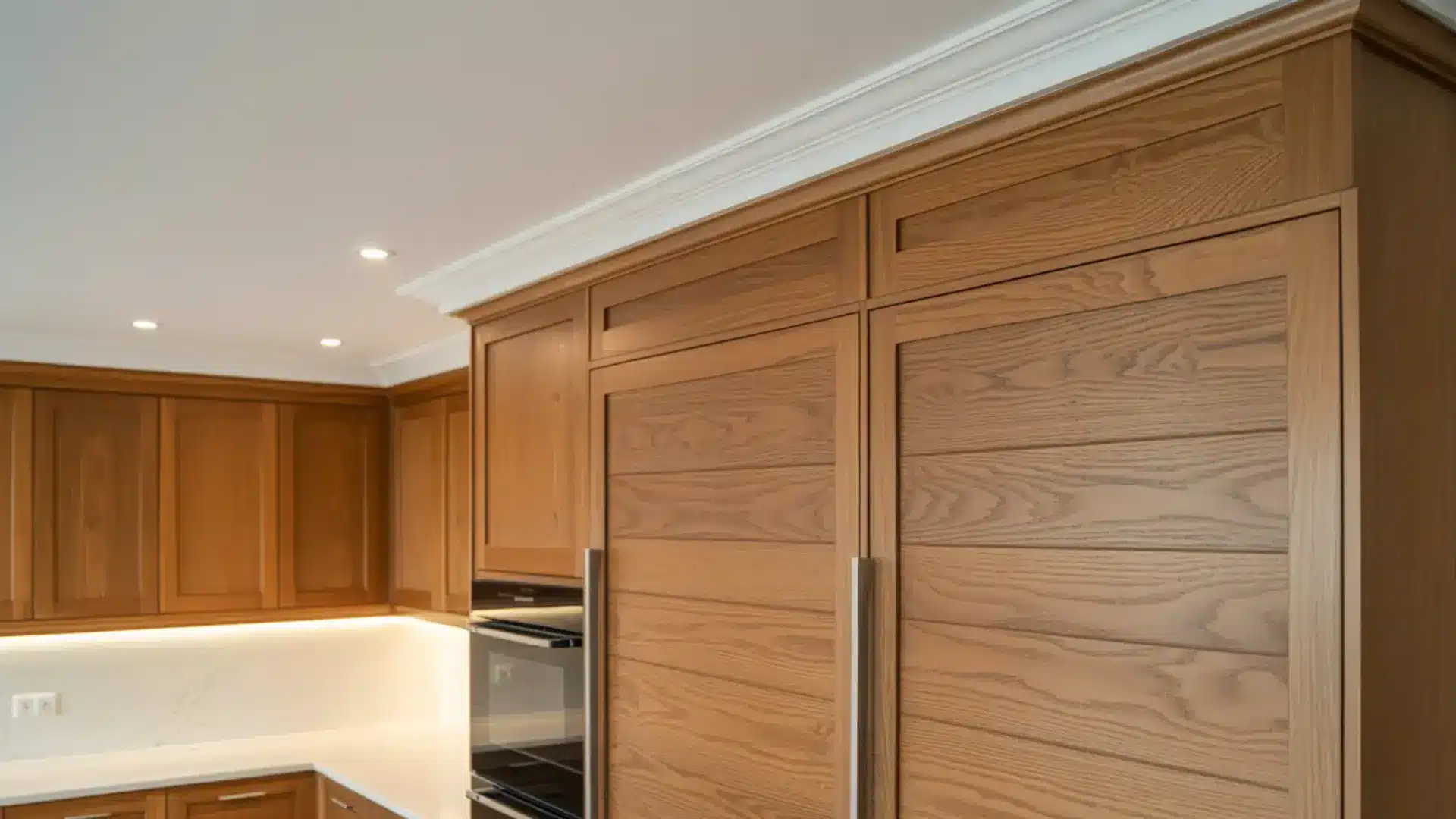 add crown molding or updated trim to the top of your oak kitchen cabinets for a custom and high-end finished look