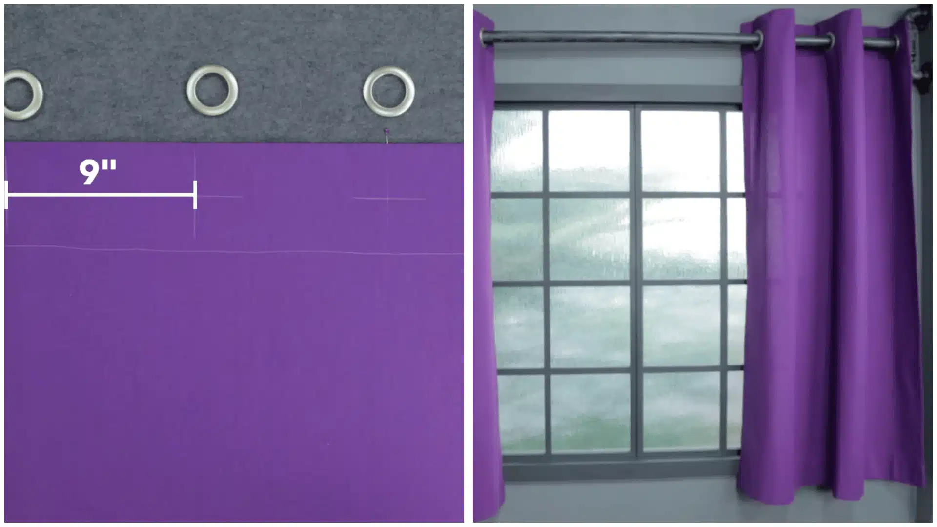 an image showing two side as before and after of the result of curtains getting ready