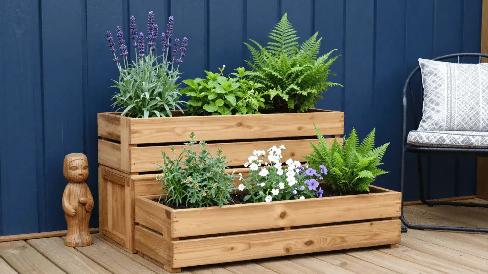 arrangement of wooden planters filled with various plants sits on a wooden deck