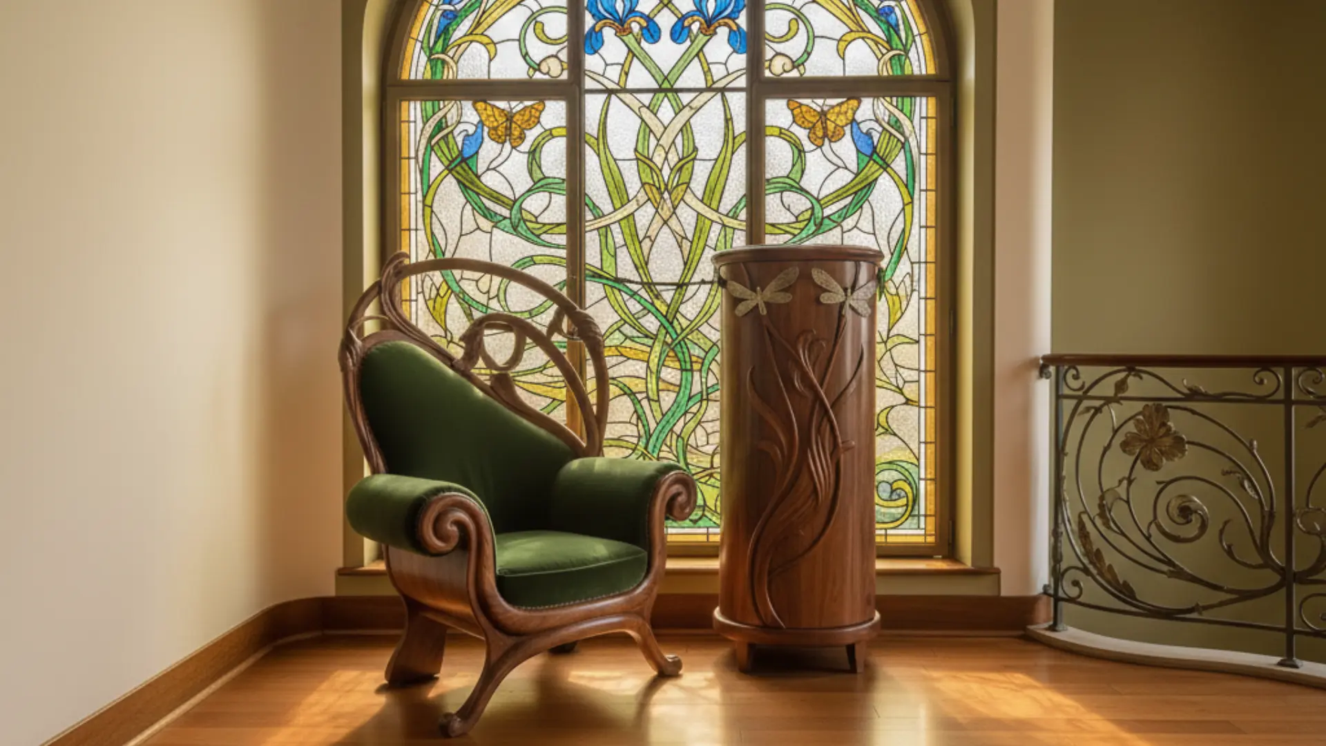 art nouveau interior featuring a curved green velvet chair and carved wood cabinet against stained glass