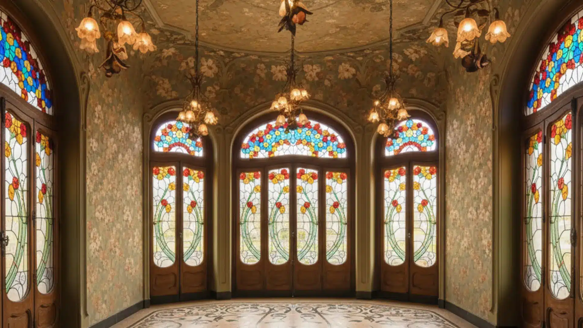 art nouveau interior with green floral walls, a curved staircase, mosaic floors, and a gold chandelier