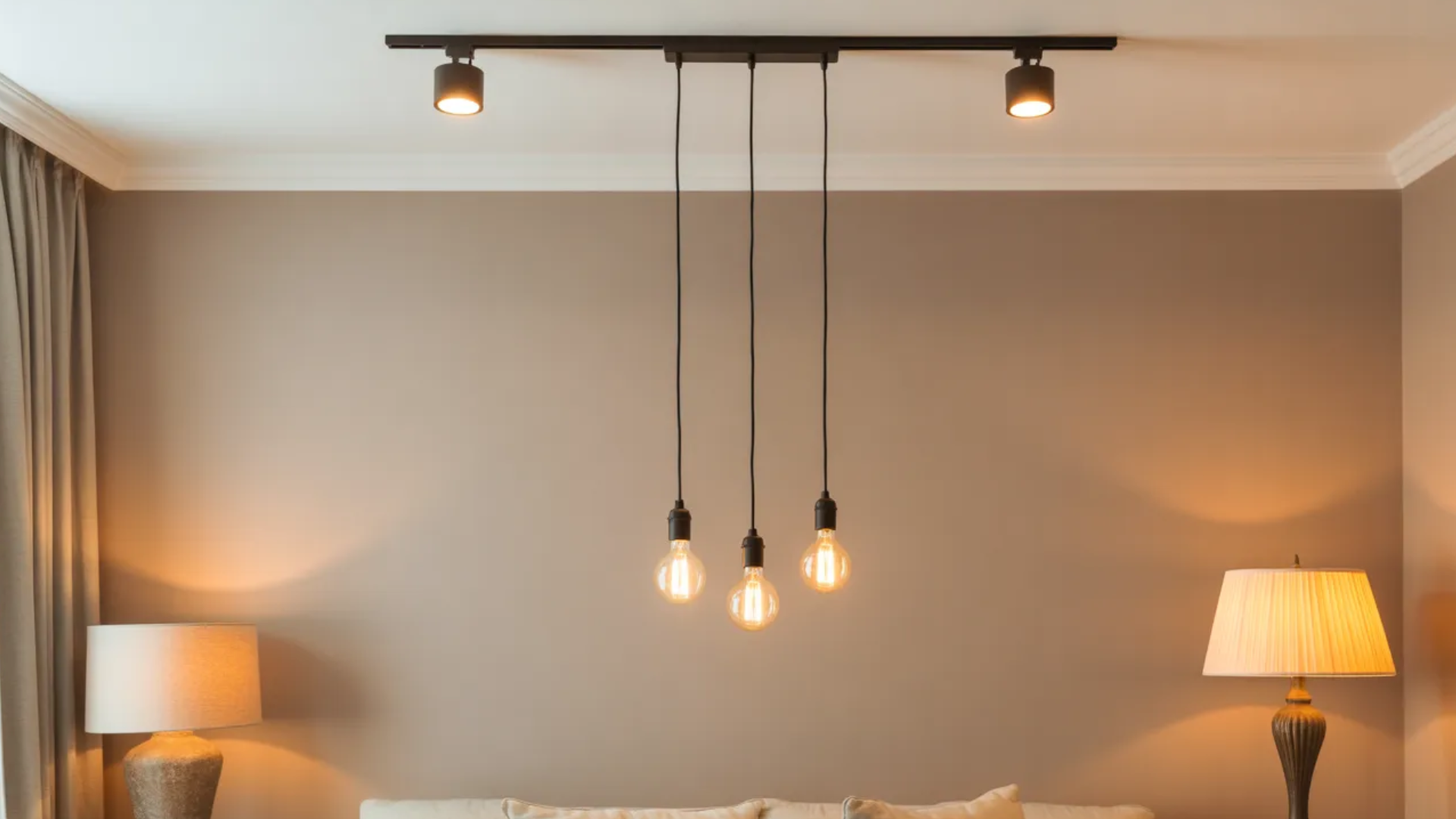 balanced Beige wall illuminated by three hanging Edison bulb pendants and a track light with two spotlights