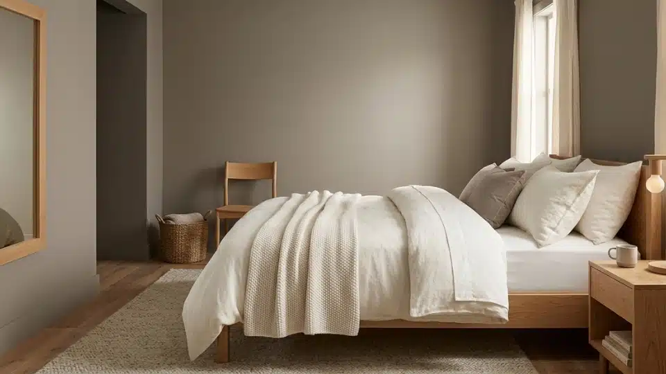 bedroom with rockport gray walls, cream upholstered bed, and natural wood furniture