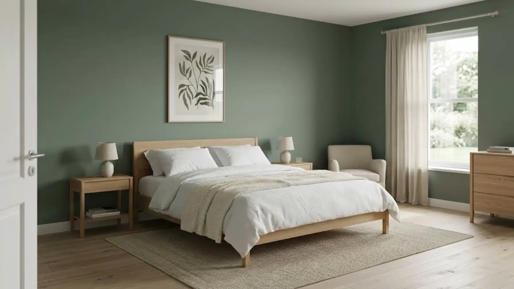 bedroom with sage green walls, wooden bed frame, bedding, bedside tables, lamps, armchair, dresser, window with curtains