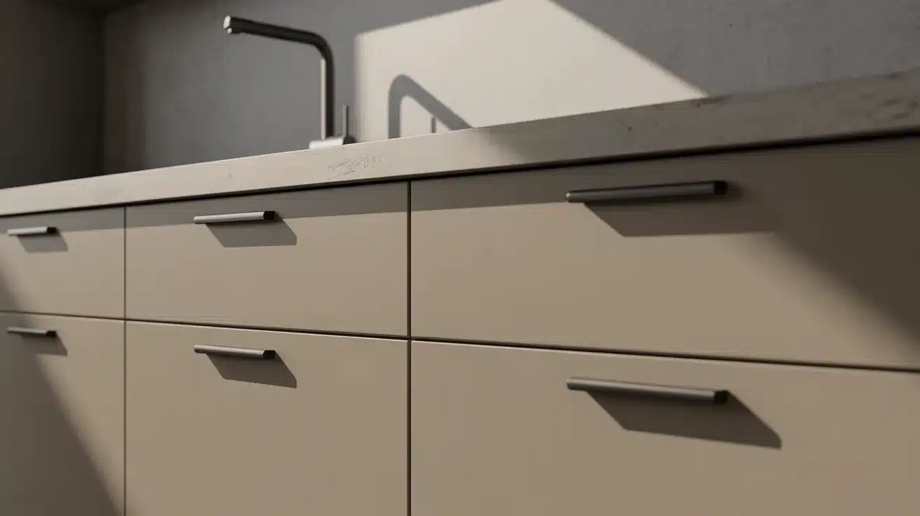 beige kitchen drawers with slim metal handles, light countertop, modern faucet above sink, and natural light