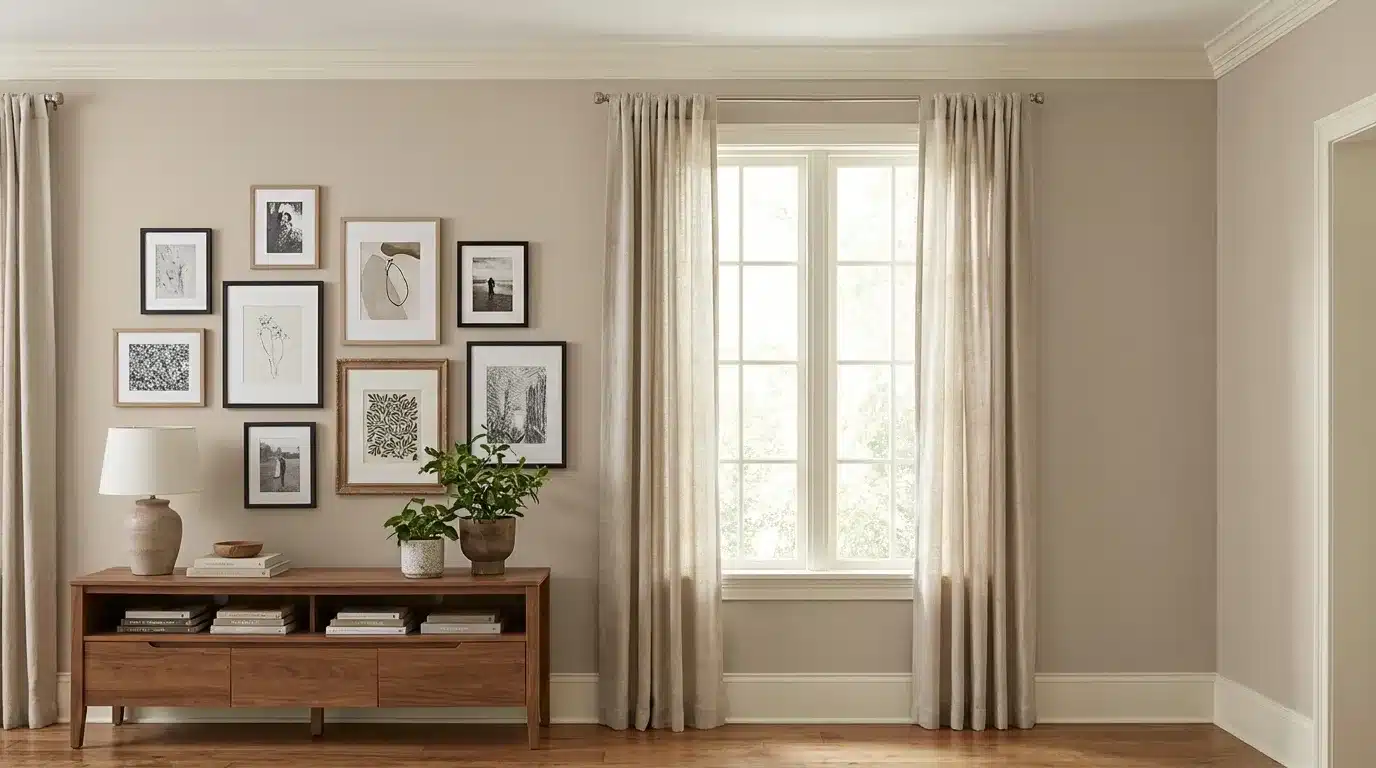 beige living room wall with gallery art, wooden console table, plants, table lamp, sheer curtains, and large window