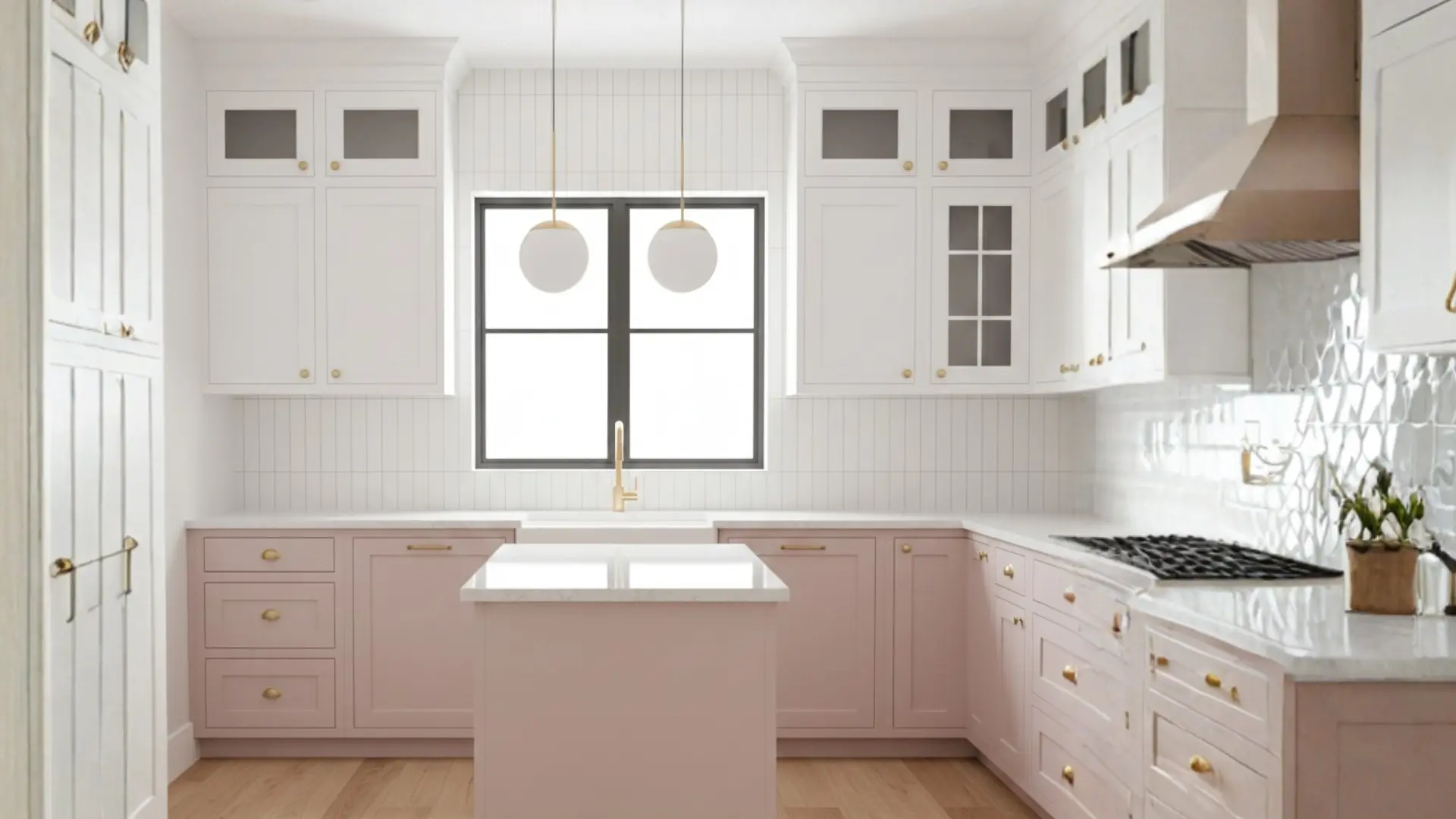 blush pink and white kitchen with a matching center island, gold hardware, and modern globe pendant lights