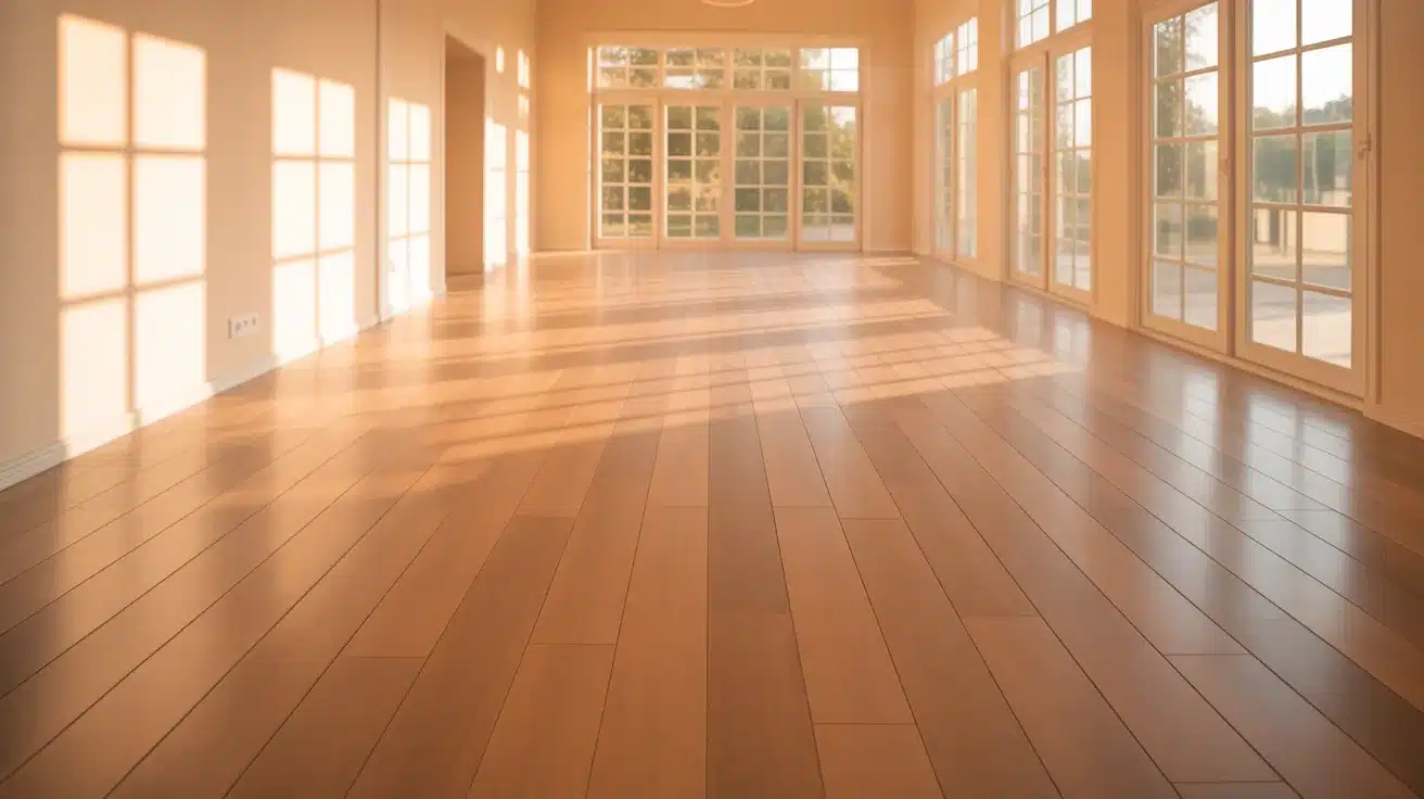 bright empty room with warm wood flooring installed lengthwise, large windows casting sunlight across plank surface
