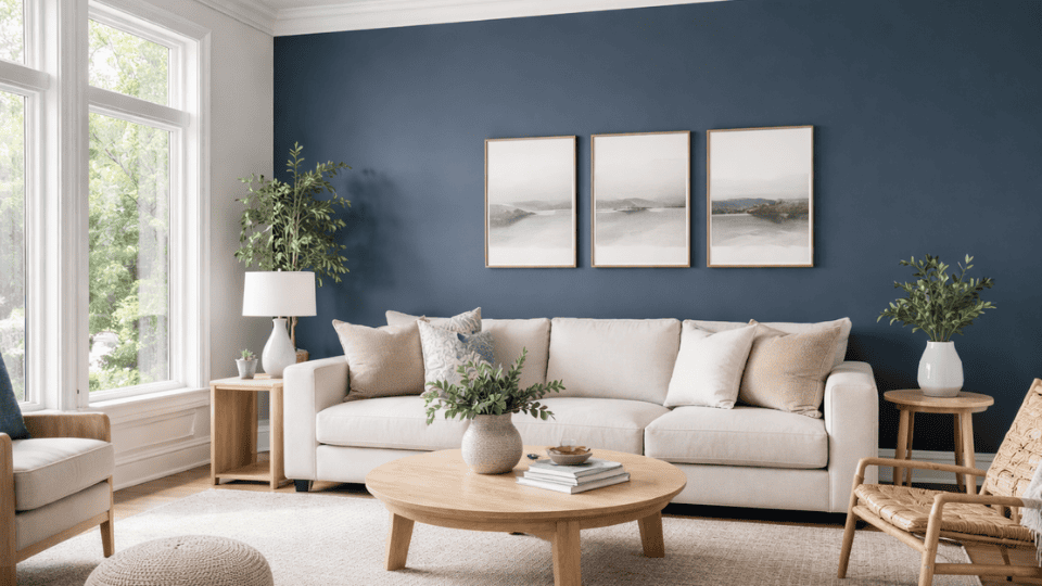 bright living room with Indigo Batik blue wall, beige sofa, wood coffee table, neutral decor, and large windows with natural light