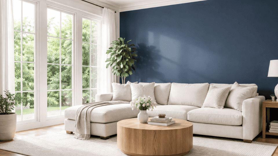 bright living room with Sherwin Williams Indigo Batik blue wall, beige sofa, wood coffee table, and large windows filling the space with sunlight