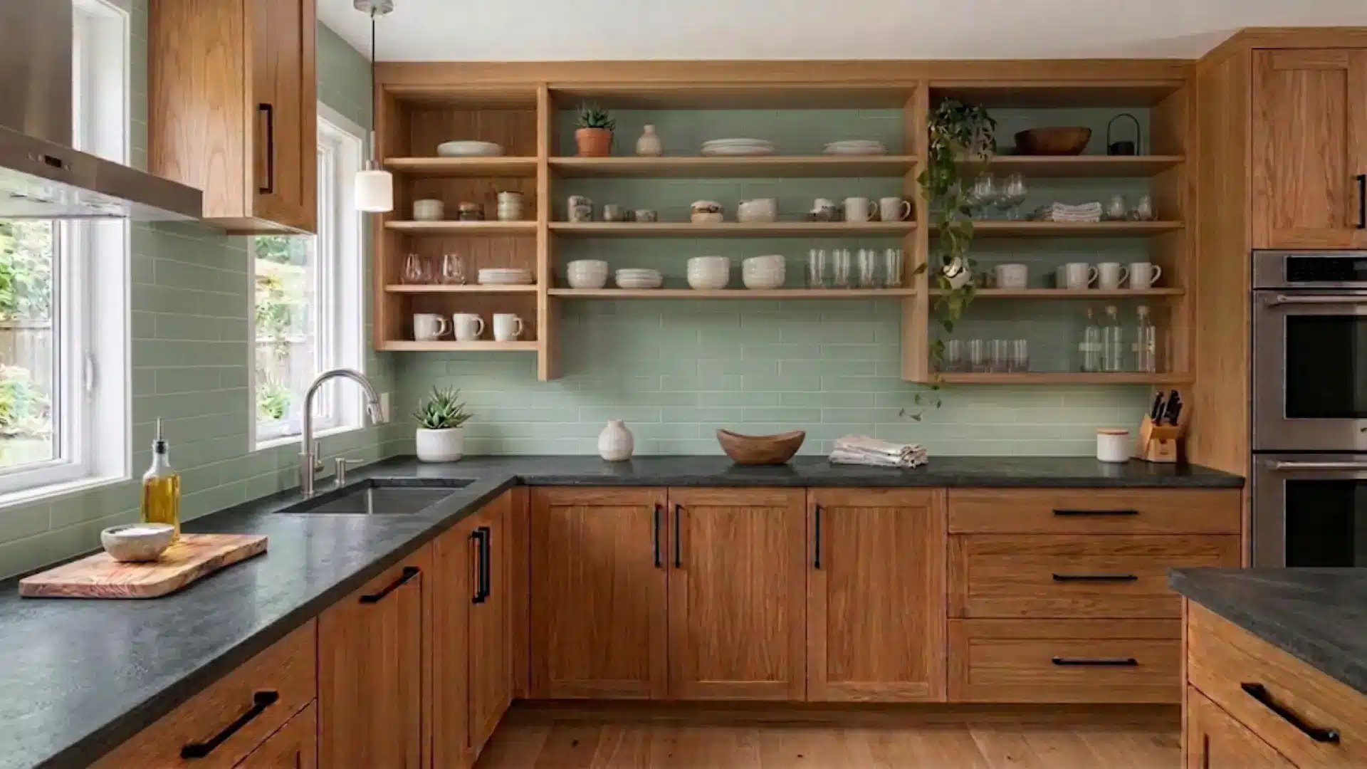 bright modern kitchen showing how to change the backsplash to green subway tile behind oak kitchen cabinets