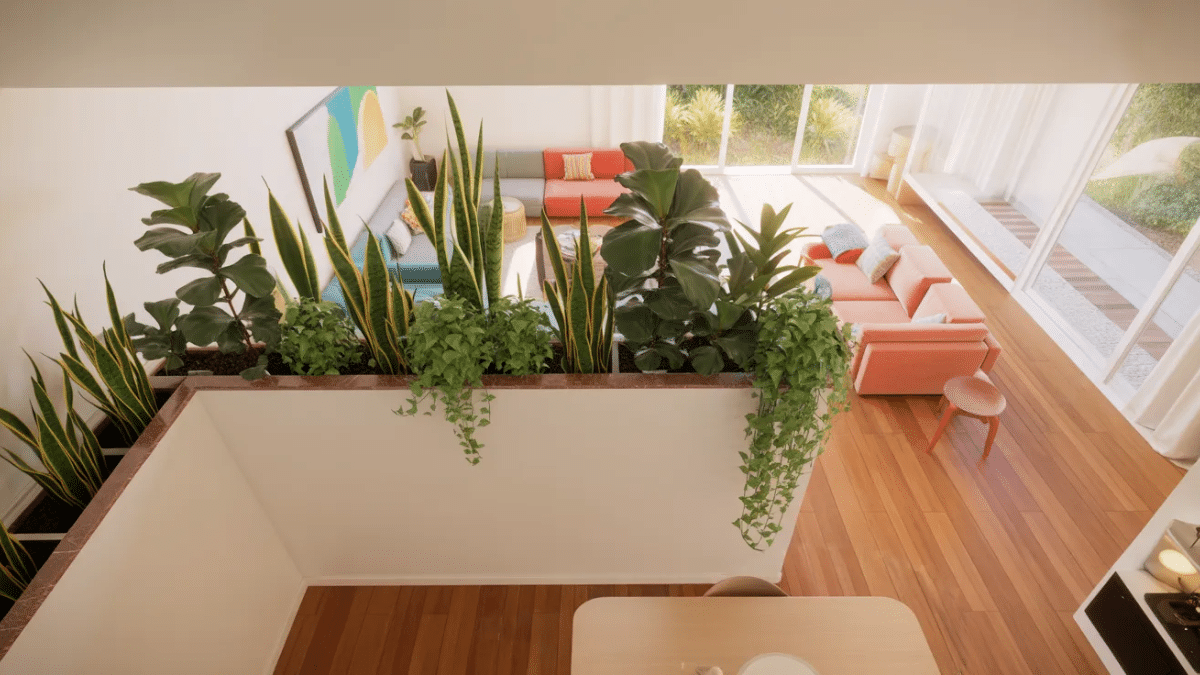 bright open plan minimal living space with tall indoor plants creating a natural boundary between living and dining zones