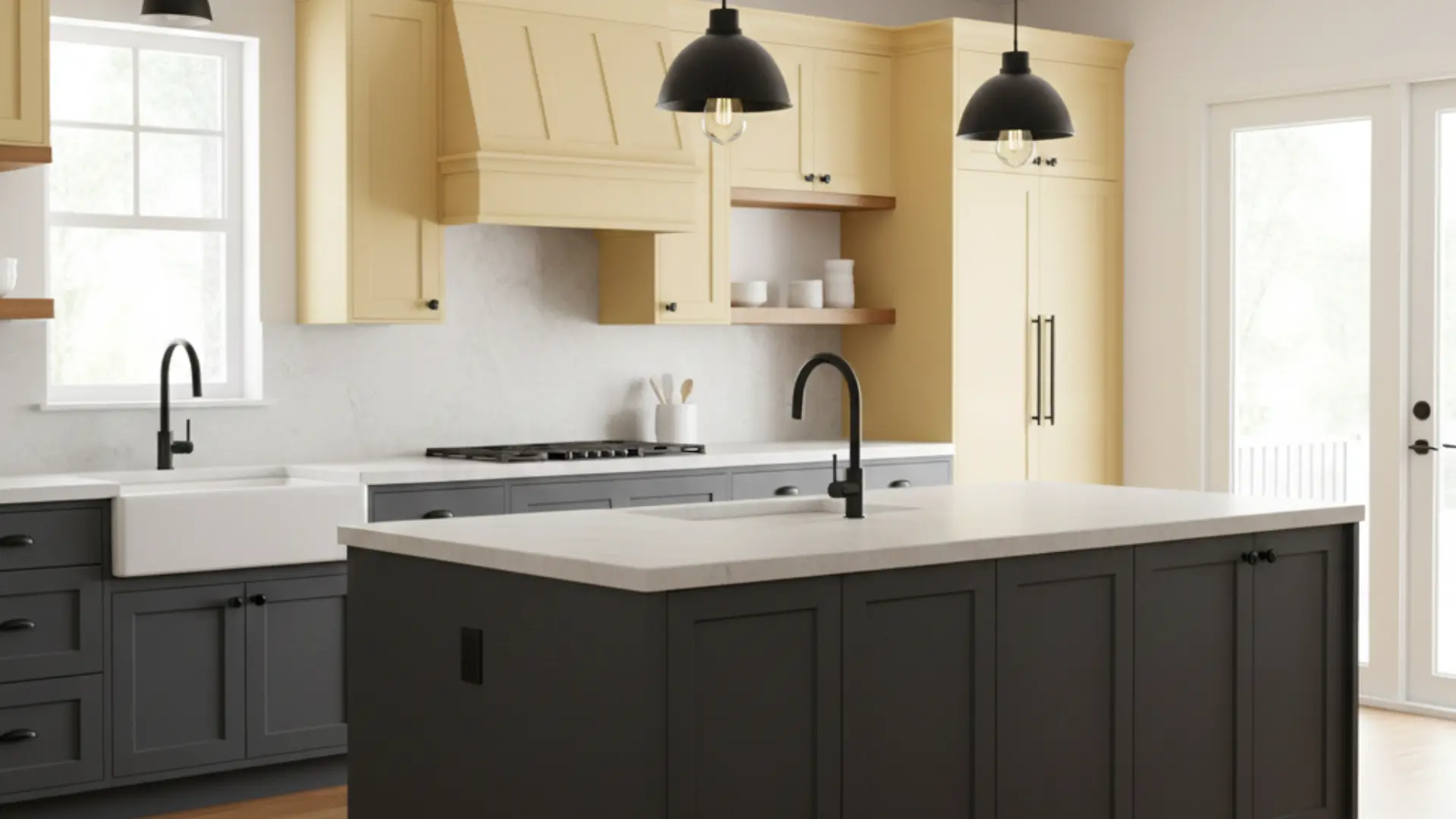 butter yellow and charcoal kitchen with a large dark island, white farmhouse sink, and black industrial pendant lights.