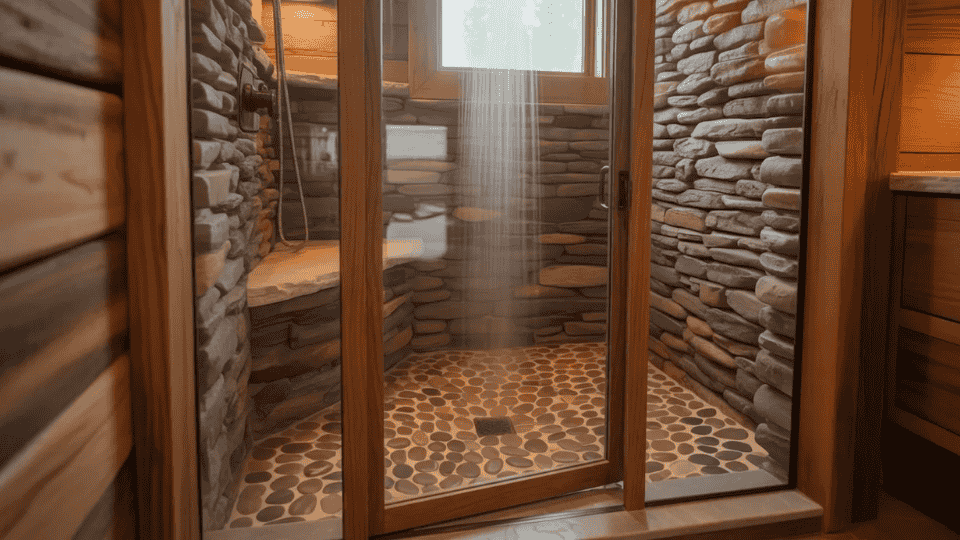cabin bathroom shower with pebble stone floor natural stone textures and rustic design